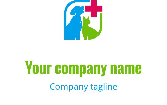 Färgglad logotypdesign med en hund och katt samt ett medicinskt kors