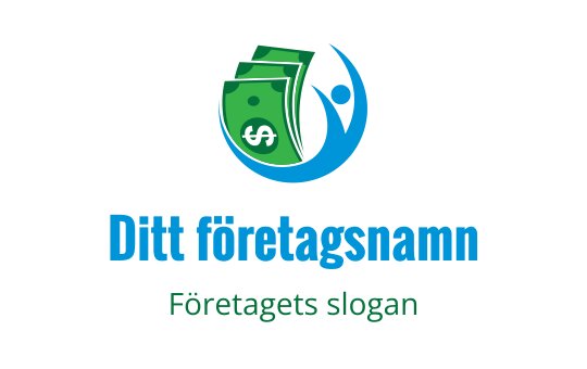 Dynamisk logotypdesign med en figur och sedlar i grönt och blått