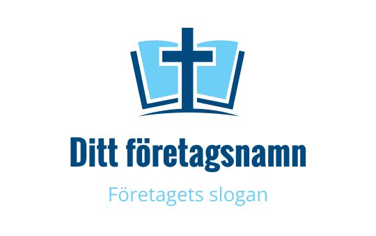 Modern logotypdesign med ett kors ovanför en öppen bok i blå nyanser