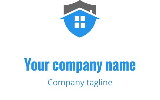 Sköldformad logotypdesign med en blå hus-silhuett och fet text