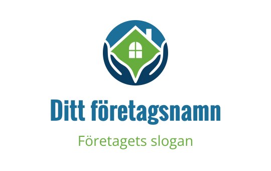 Modern logotypdesign med ett hus hålls av två händer i blått och grönt