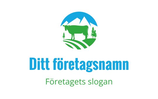 Modern logotypdesign med en ko, berg och gröna fält
