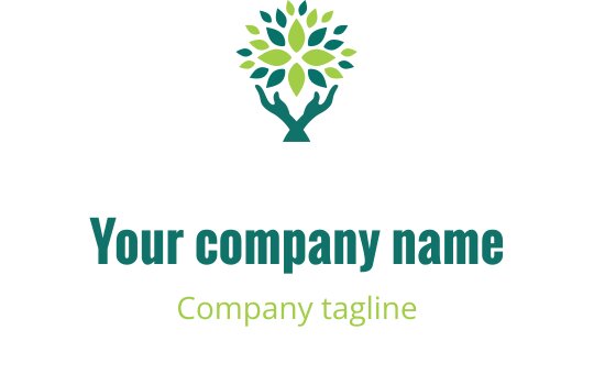 Modern logotypdesign med ett träd, gröna blad och händer