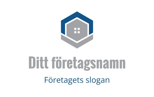 Modern hexagonal logotyp med en hus-silhuett i blått och grått