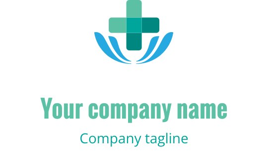 Modern logotypdesign med ett kors och stiliserade blad i teal